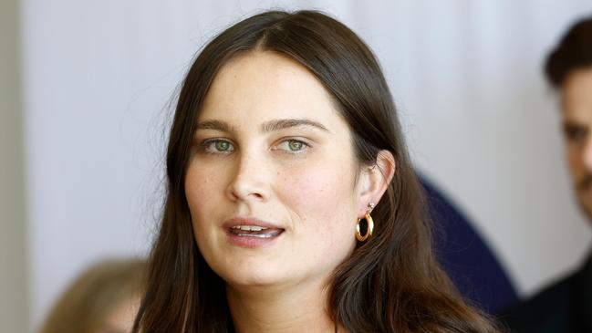 MELBOURNE, AUSTRALIA - FEBRUARY 27: Chelsea Frawley, Head of Community and Operations at the Danny Frawley Centre speaks with media during the 2024 Spud's Game Announcement at RSEA Park on February 27, 2024 in Melbourne, Australia. (Photo by Michael Willson/AFL Photos via Getty Images)