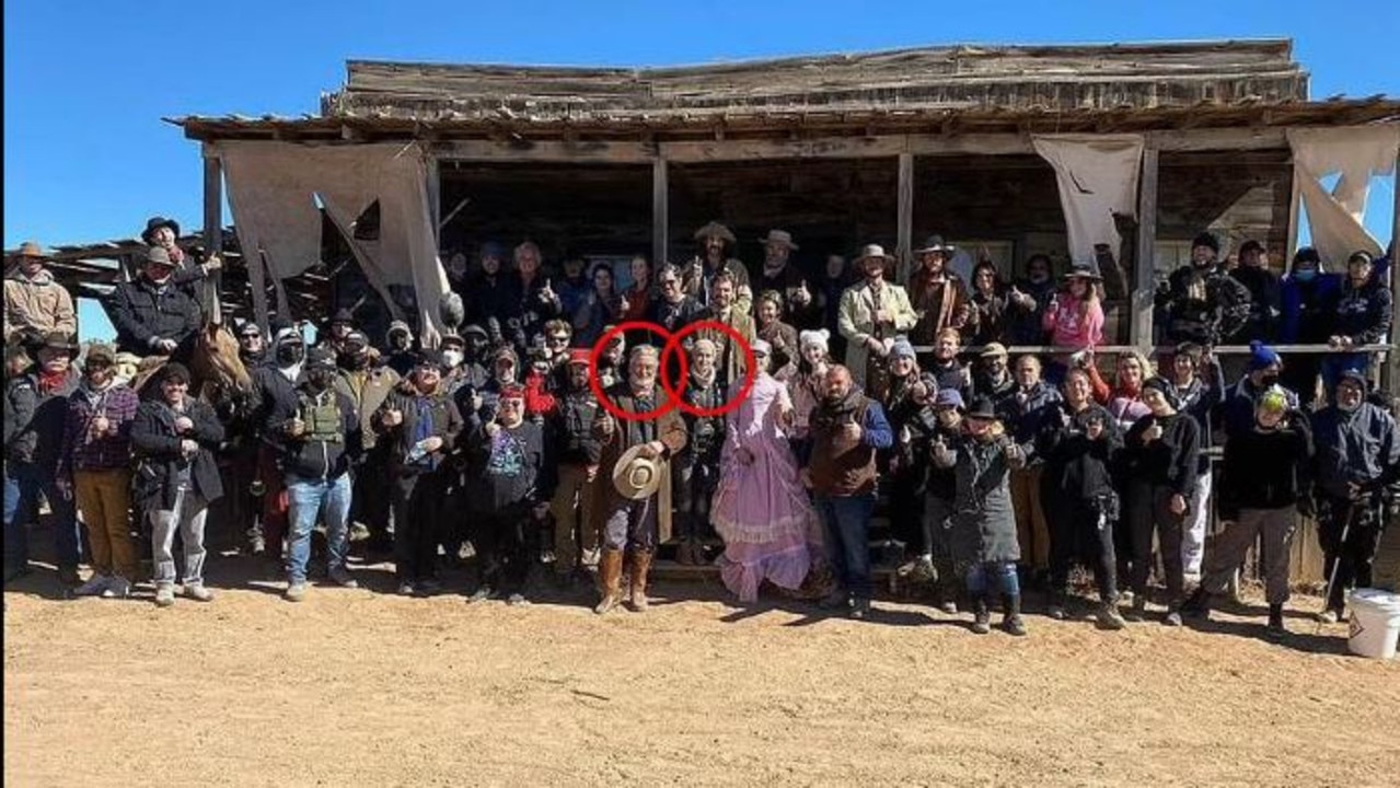 Alec Baldwin and Halyna Hutchins (circled) are pictured together on the set of Rust, in an image that she uploaded to Instagram two days ago. Picture: Supplied