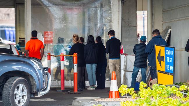 Locals queue for Covid tests at Northern Health in Epping on Tuesday. Picture: Jake Nowakowski