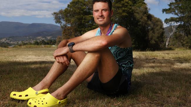 Dan Camac 29 of Adelaide ran the marathon in Crocs and broke the world record for doing this.  2025 Cadbury Marathon.  Picture: Nikki Davis-Jones