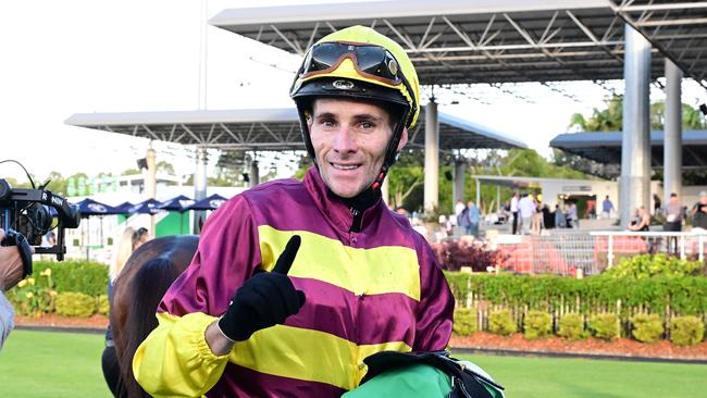 Jockey Jamie Mott celebrates Numerian’s Hollindale Stakes victory. Picture: Grant Peters / Trackside Photography