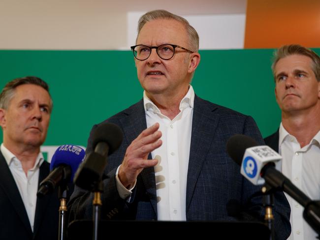 Prime Minister Anthony Albanese with the Minister for Health and Aged Care, Mark Butler, and the Member for Parramatta, Andrew Charlton, during a visit to the Westmead Medicare Urgent Care Clinic in Sydney on Sunday, March 2, 2025. Picture: Nikki Short