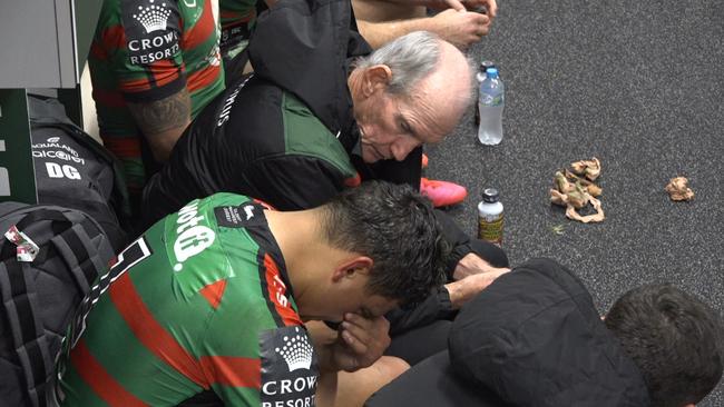 Latrell Mitchell is consoled by Rabbitohs coach Wayne Bennett.