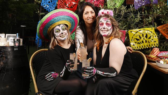 Tara Jay, Angela Esquivel organiser, Georgina Davis ready for the event. Preview to Day of the Dead event at In The Hanging Garden. Picture: Nikki Davis-Jones