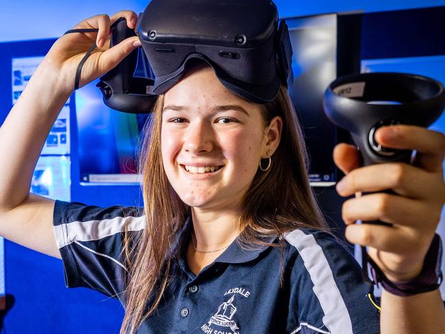 Copper Marison, 14 and Taylah-Mae Grundy, 14 take part in Lilydale High SchoolÃs STEAMworks program where students get to work with virtual reality goggles, drones and 3D printers. Picture: Jake Nowakowski