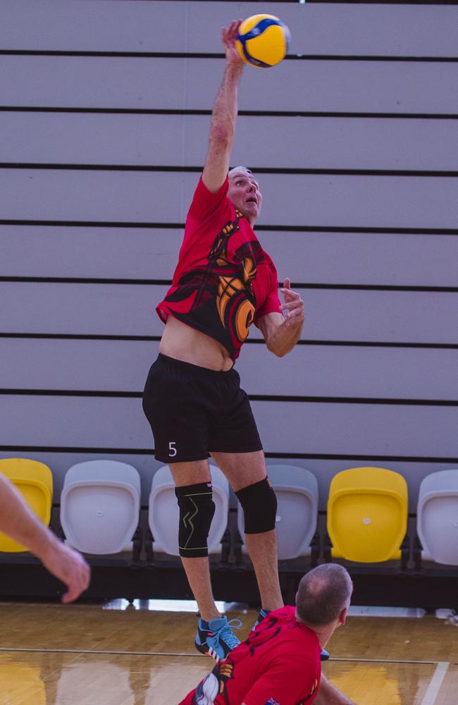 Action as Sparta v the Crippled Wombats in the Pan Pacific Masters Games Volleyball tournament. Picture: Glenn Campbell