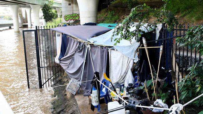 Homeless tent and rough living is occurring along the Bicentennial Bikeway from Victoria Bridge though to William Jolly Bridge. Picture: David Clark