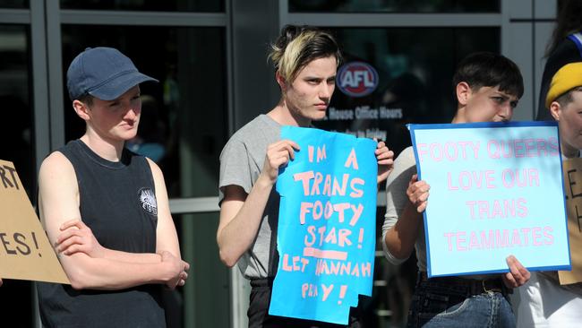 Protesters demonstrate outside AFL House at Docklands. Picture: Andrew Henshaw