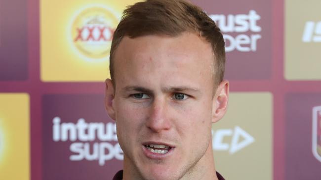 Cherry-Evans talks to media during the Maroons’ fan day at Hervey Bay. Photo: Peter Wallis