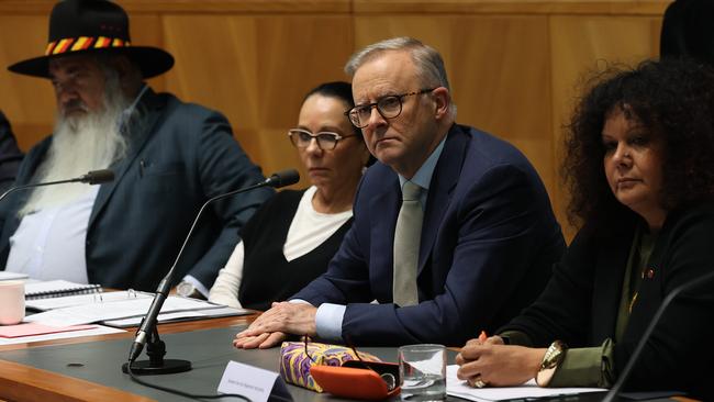 Anthony Albanese attends the first meeting of the Referendum Working Group in September, alongside co-chairs Special Envoy Patrick Dodson and Indigenous Affairs Minister Linda Burney, and Assistant Minister for Indigenous Health Malarndirri McCarthy, right. Picture: NCA NewsWire / Gary Ramage