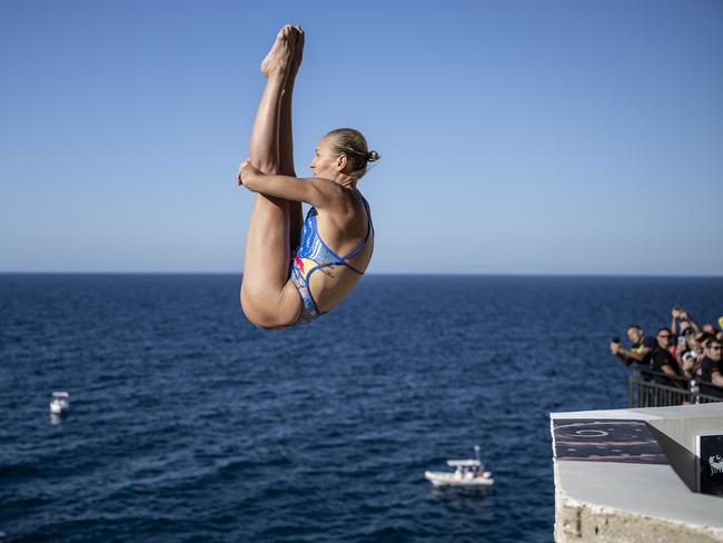 Rhiannan Iffland dives from a 20m balcony during the Red Bull Cliff Diving World Series in Polignano a Mare, Italy. Picture: Red Bull