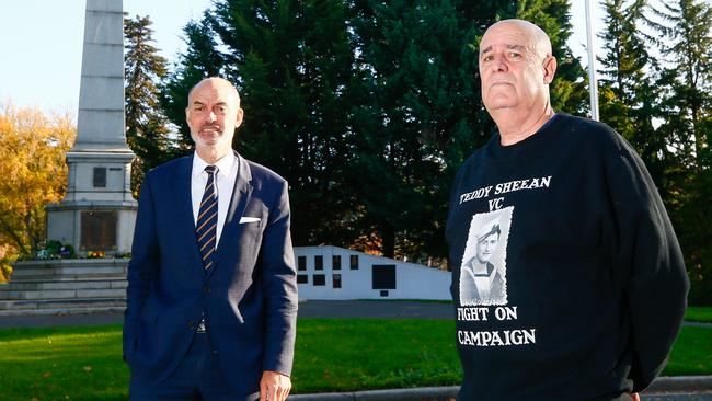 Veterans’ Affairs Minister Guy Barnett and the nephew of Teddy Sheean, Garry Ivory. Picture: PATRICK GEE