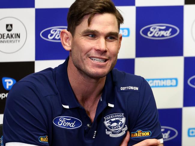 GEELONG, AUSTRALIA - AUGUST 06: Tom Hawkins speaks during a media opportunity at GMHBA Stadium on August 06, 2024 in Geelong, Australia. (Photo by Josh Chadwick/Getty Images)