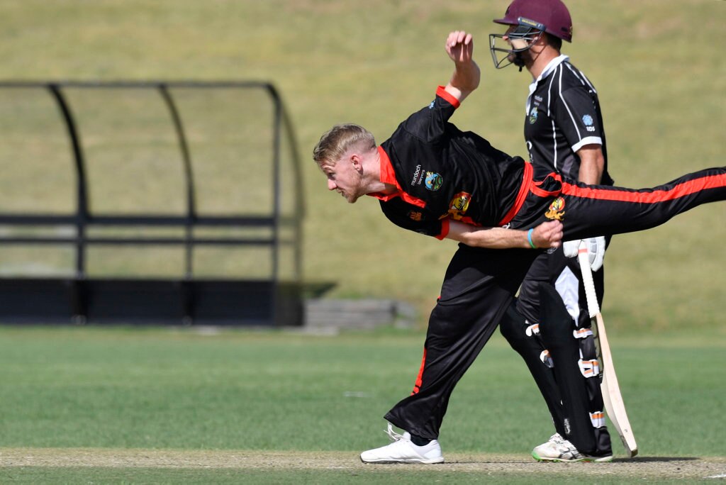 Sam Doggett bowls for Liebke Lions against George Banks Umbrellas in Darling Downs Bush Bash League (DDBBL) round five T20 cricket at Highfields Sport Park, Sunday, October 20, 2019. Picture: Kevin Farmer