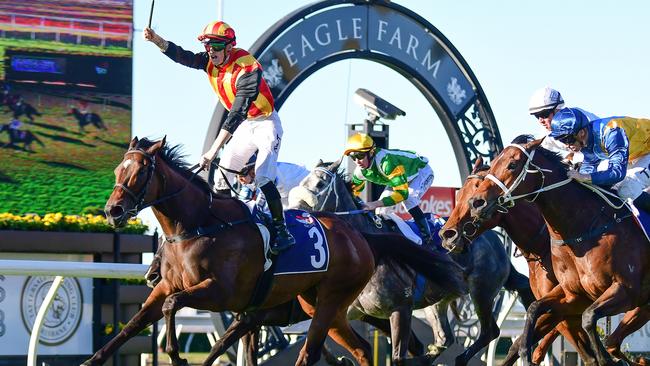 Chris Munce and Kyle Wilson-Taylor combine to win their first Group 1 with Palaisipan in the Tattersall's Tiara at Eagle Farm. Picture: Grant Peters/Trackside Photography