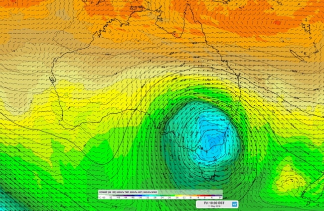 Autumn could feel a little more like winter for some parts of Australia this week, as this map showing the predicted low illustrates. Picture: Weatherzone