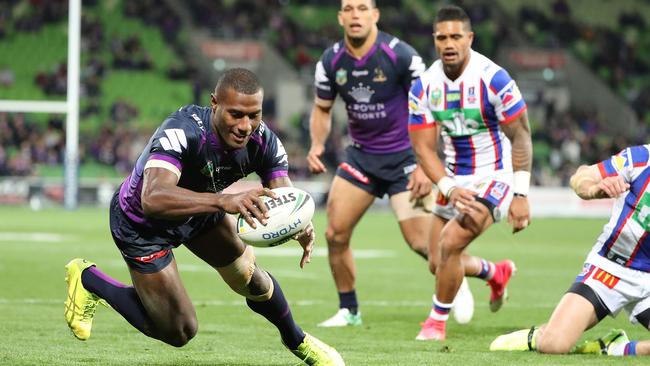 Suliasi Vunivalu scoring one of two tries against the Knights. Picture: Getty