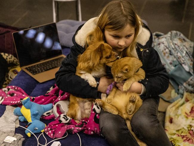 A girl sits with her dog and cat in the Dorohozhychi subway station which has been turned into a bomb shelter in Kyiv. Picture: Getty Images