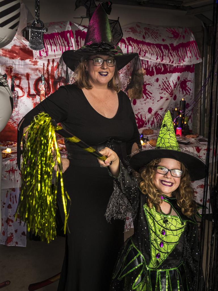 Tara Orchard and her daughter Alleyah Orchard-Thomson with their display for Halloween in Placid Hills, Wednesday, October 27, 2021. Picture: Kevin Farmer