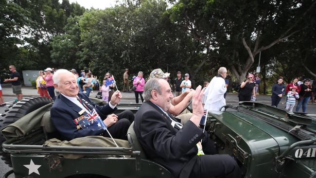 The Anzac Day march on the Gold Coast Highway at Southport featuring Barrie Cushway (left) and President John Riebeling from the Southport RSL Sub Branch. Picture: Glenn Hampson