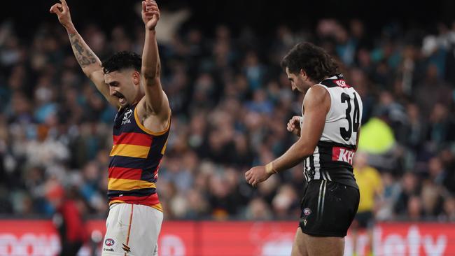 ADELAIDE, AUSTRALIA - MAY 10: Izak Rankine of the Crows celebrates their win during the 2025 AFL Round 09 match between the Port Adelaide Power and the Adelaide Crows at Adelaide Oval on May 10, 2025 in Adelaide, Australia. (Photo by James Elsby/AFL Photos via Getty Images)