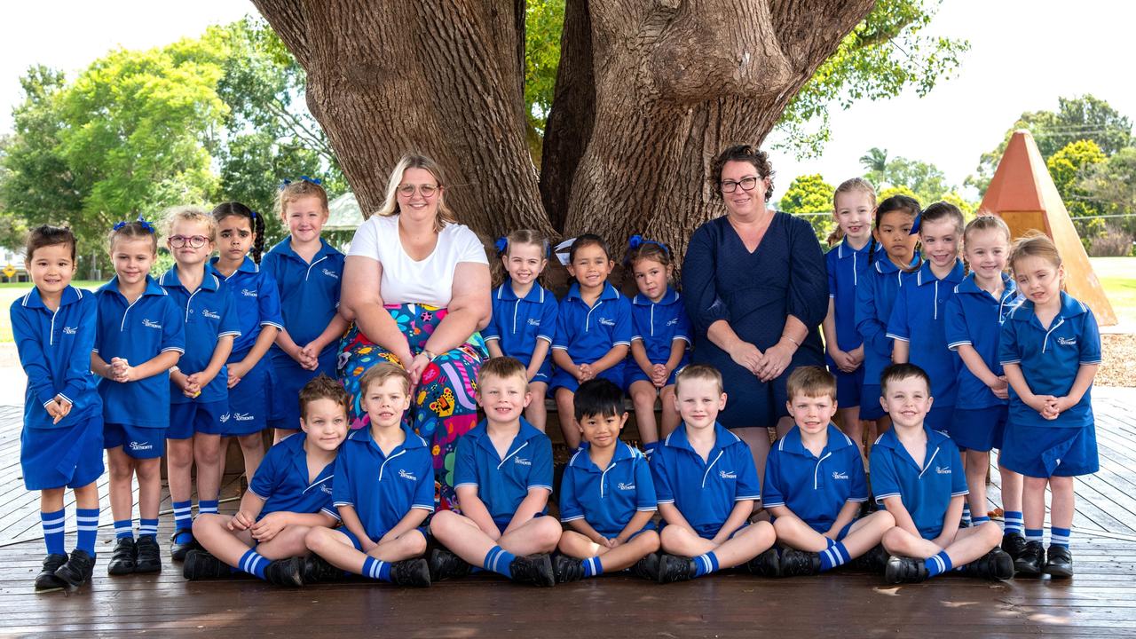 MY FIRST YEAR 2024: St Anthony's Primary School Prep KM students with teacher Katelyn Morgenstern (left) and teacher's aide Katie Rub, February 2024. Picture: Bev Lacey