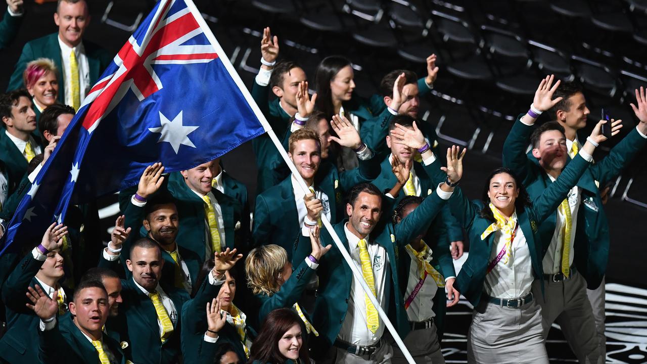 The Australian team arrives at the Commonwealth Games opening ceremony in 2018.