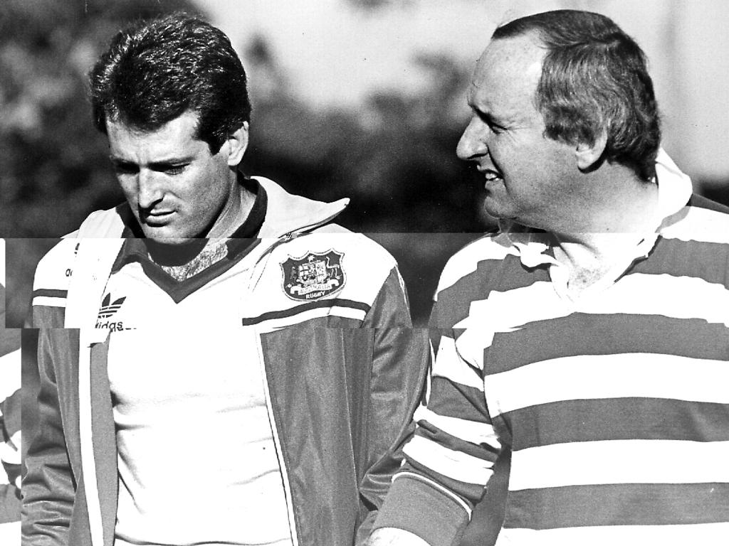 Jones with Wallabies player David Campese in 1987.