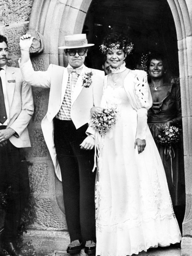 Singer Elton John during his wedding ceremony to Renate Blauel in Sydney on Valentine’s Day, 1984. Picture: News Corp