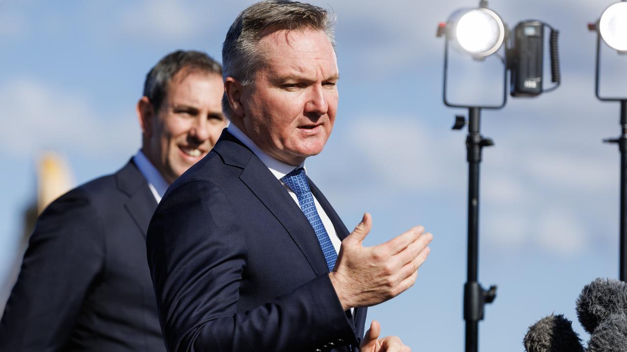 Energy Minister Chris Bowen and Treasurer Jim Chalmers at a press conference at Ampol Oil refinery at Lytton in Brisbane. Picture: NewsWire / Lachie Millard
