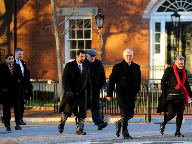 Shadowed ... Mr Turnbull with security agents in Washington DC. Photo: Nathan Edwards