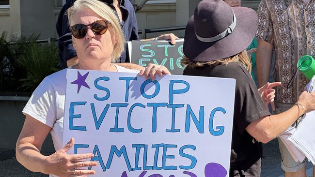 Renters and housing advocates rally at Parliament House in Perth for the State Government to end without grounds evictions.