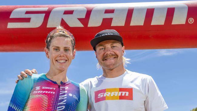 Valtteri Bottas and his wife Tiffany Cromwell at the 2024 RADL GRVL track race in Mclaren Flat SA. Pictured on Jan 19th 2024. Picture: Ben Clark