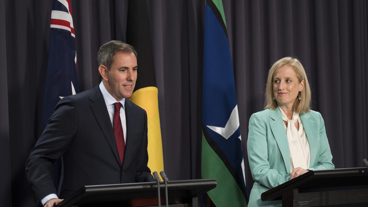 Federal Treasurer Jim Chalmers and Minister for Finance Katy Gallagher say inflation will return to target by the end of the year. Picture: NCA NewsWire / Martin Ollman