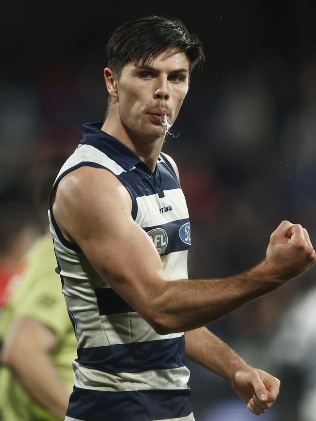 Oliver Henry celebrates the win over Melbourne. Picture: Daniel Pockett/Getty Images.