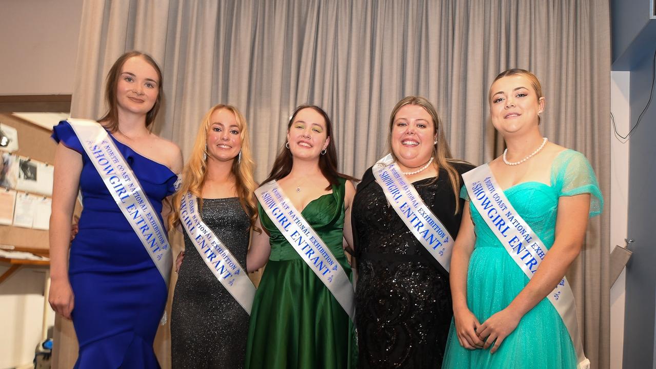 2022 showgirl candidates from left: Caitlin Standford of Goonellabah, Summer Chaseling of Byron Bay, Tina Smith of Goonellabah, Tara Coles of Wyrallah, and Tegan Maluta of Howards Grass at the East Lismore Bowling Club. Picture: Cath Piltz