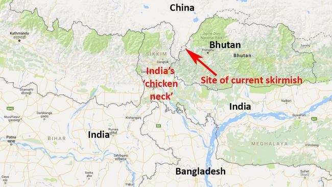 India is concerned by any Chinese move to consolidate its control in area close to the “chicken neck” — a thin strip of land that is the only direct route to the country’s north east.