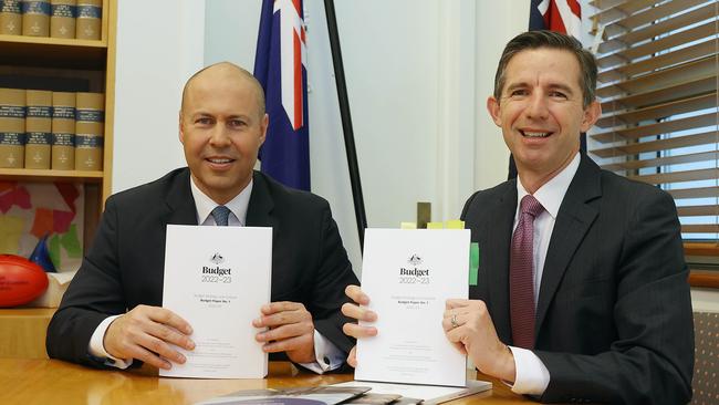 The Treasurer Josh Frydenberg with Simon Birmingham on the morning of the 2022 Budget, at Parliament House in Canberra. Picture: NCA NewsWire / Gary Ramage