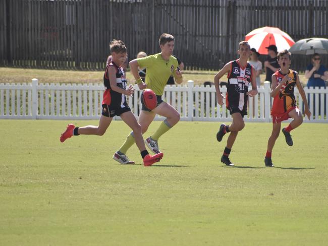 Cohen Firth in the North Mackay Saints v Mackay Swarks u14 AFL grand final at Magpies Sporting Club, Mackay, September 11, 2021. Picture: Matthew Forrest