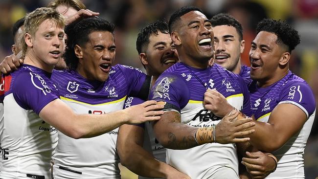 Lazarus Vaalepu has only played seven games in the NRL but could find himself on the Storm bench for the grand final after Nelson Asofa-Solomona was suspended. Picture: Ian Hitchcock/Getty Images