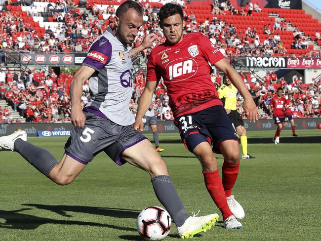 SOCCER - 11/11/18 - A-LEAGUE - Adelaide United v Perth Glory at Coopers Stadium. Ivan Franjic and Mirko Boland. Picture SARAH REED