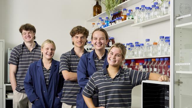 Pulteney’s year 12 chemistry students James Bradley, Mackenzie Weaver, Oscar Mitchell, Sarah Ninio and Emerson McClurg share the highs and lows of today’s exam. Picture: Matt Loxton