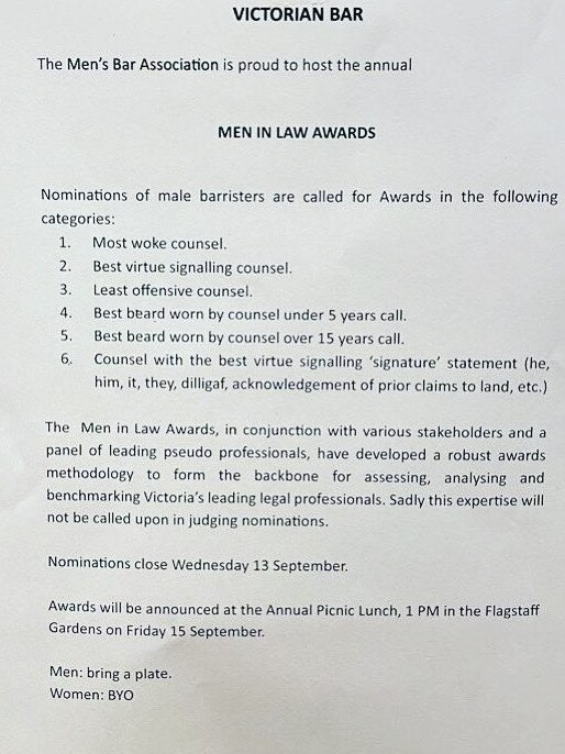 A mock notice pinned to the wall of a lift in the Owen Dixon Chambers, advertising the fake “Men in Law Awards”. Picture: Supplied