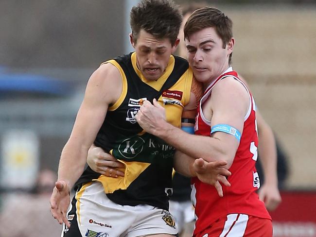 Bendigo FNL, South Bendigo Bloods v Kyneton Tigers, at QE Oval, Bendigo, South Bendigo   &  Harrison Huntley, 17,  Kyneton,     Picture Yuri Kouzmin