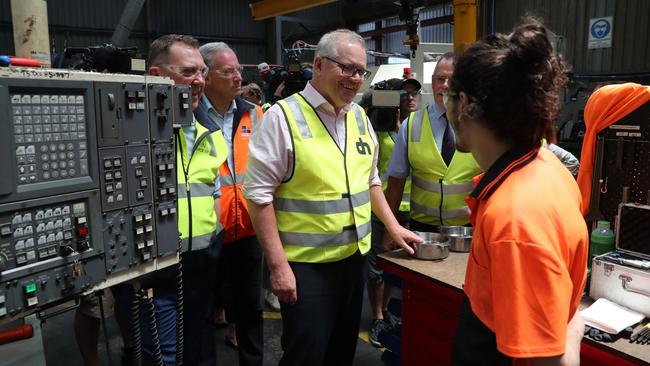 Prime Minister Scott Morrison visits a hydraulics company in Devenport, Tasmania on Tuesday. Picture: Adam Taylor / PMO