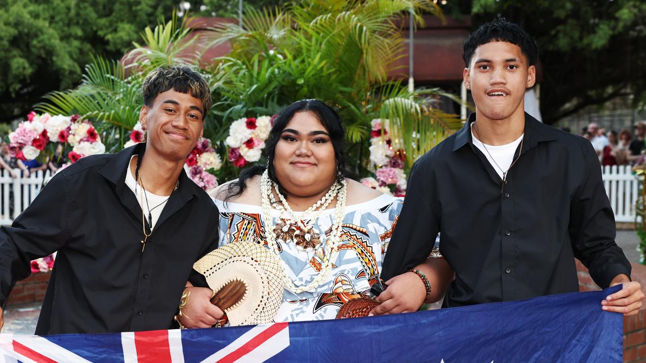 Tuauri Tapaitau, Taria Tapaitau and Tani Tereora arrive at the Gordonvale State High School senior formal at Norman Park, Gordonvale. Picture: Brendan Radke