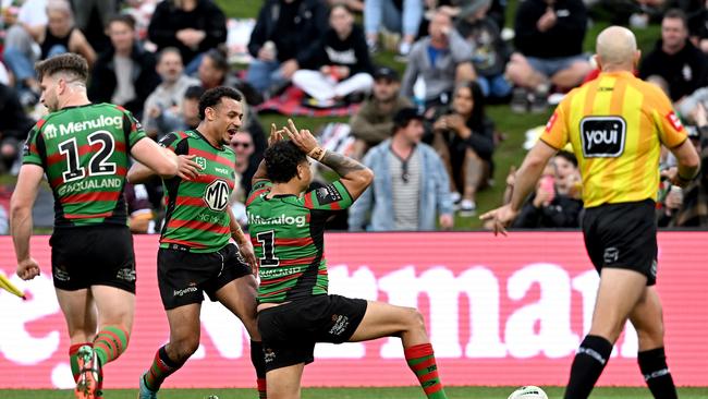 Latrell Mitchell celebrates another try. Picture: Bradley Kanaris/Getty Images