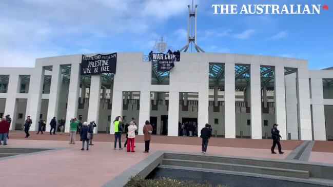 Pro-Palestinian supporters climb federal parliament house