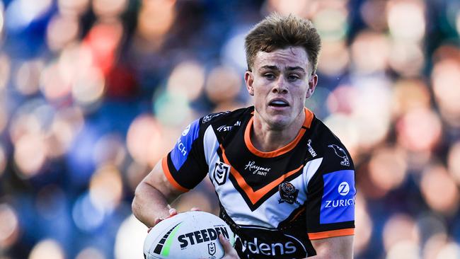 Lachlan Galvin’s future remains one of the biggest talking points in the game, but the young playmaker insists he’ll be at the Wests Tigers next year. Picture: Mark Evans/Getty Images