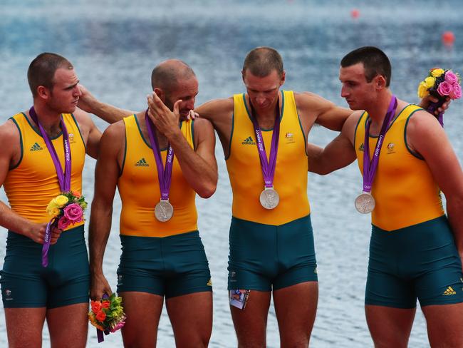 Australia's William Lockwood, James Chapman, Drew Ginn and Joshua Dunkley-Smith after winning silver in the Men's Four Final at the London Olympics.